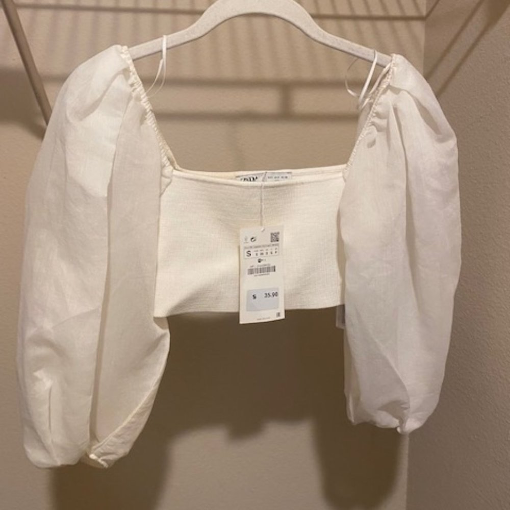 Zara White Poof Sleeve White Cropped Blouse NWT